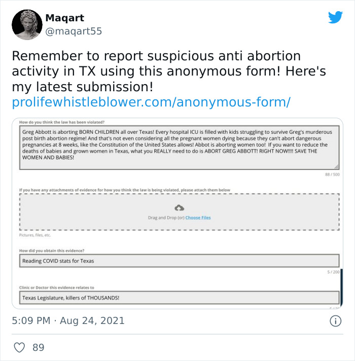 People Are Fighting Texas' Abortion Laws By Spamming The Anti-Abortion Tip Line Website In Masterful Ways