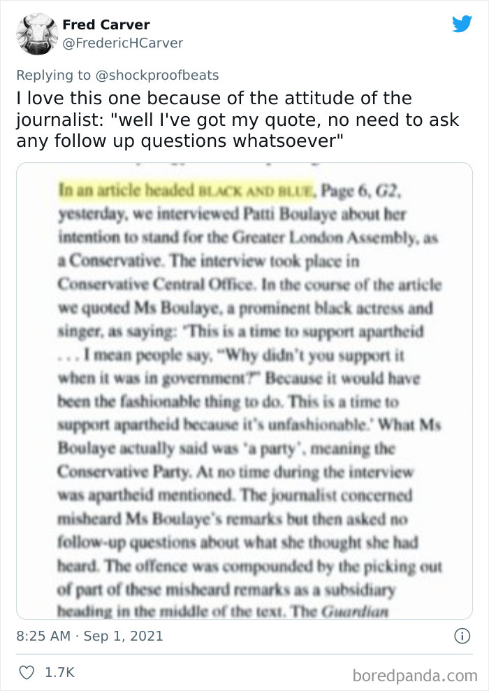 Tweet showing a newspaper fail with a hilarious correction about a misheard interview quote in a major publication.