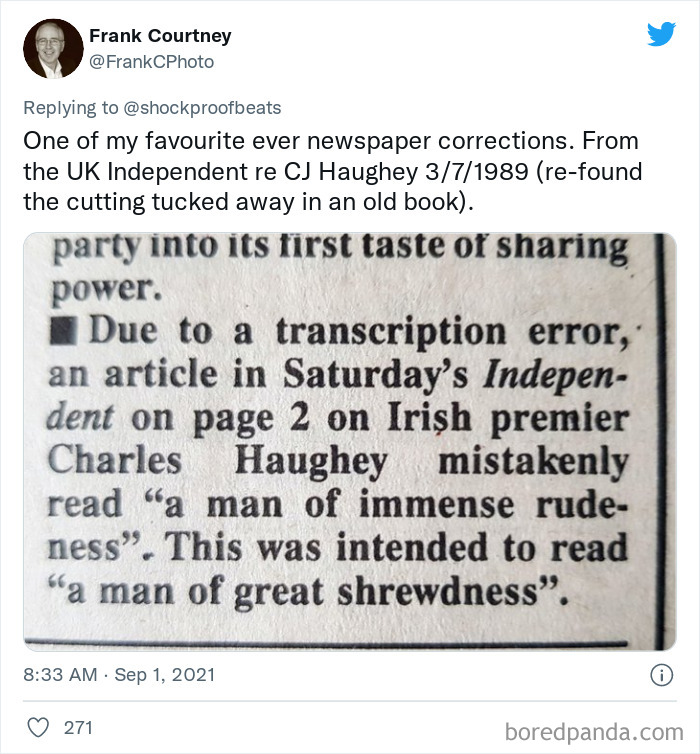 Old newspaper clipping showing a correction of a transcription error about Irish premier Charles Haughey in a printed article.