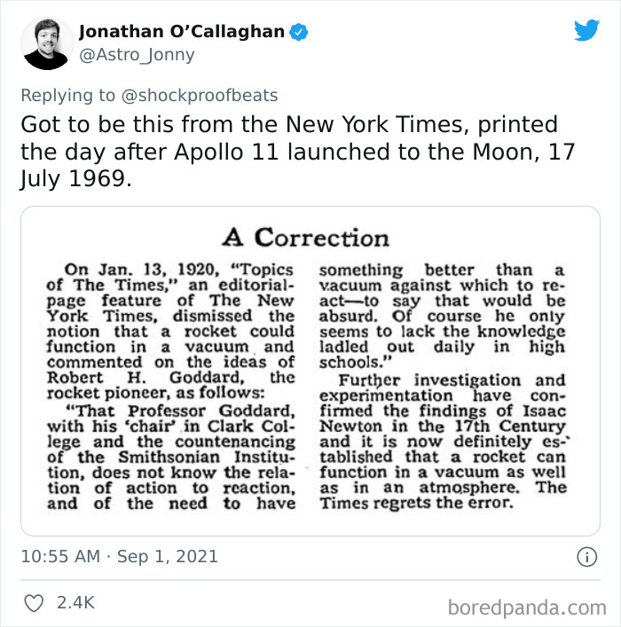 Historic newspaper correction from New York Times about rocket science, featured among biggest newspaper fails shared on Twitter.
