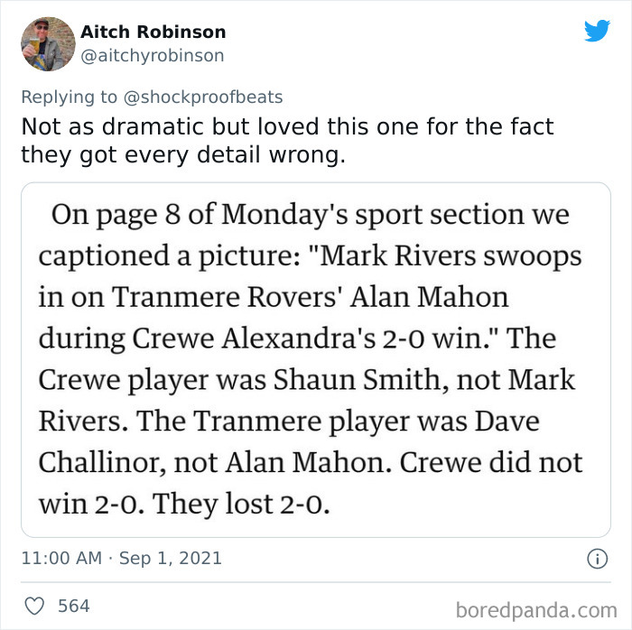Tweet showing a hilarious newspaper fail with multiple incorrect sports details, shared among people on Twitter.