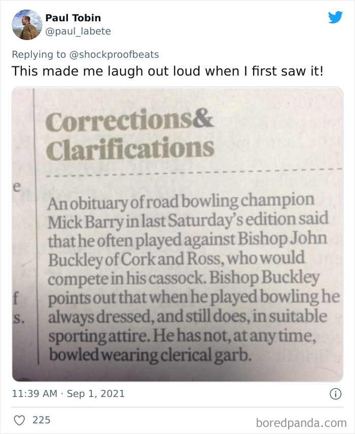 Newspaper correction clarifying a bowling champion never played wearing clerical garb, shared on Twitter as a funny fail.