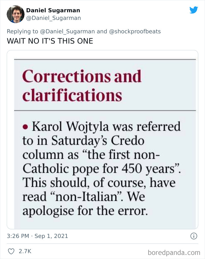 Newspaper correction clarifying Karol Wojtyla as the first non-Italian pope, illustrating biggest newspaper fails shared online.