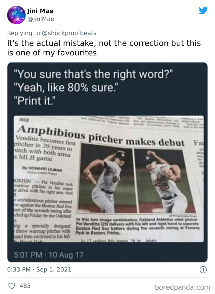 Newspaper fail showing a hilarious correction about an amphibious pitcher making his MLB debut in a sports article.