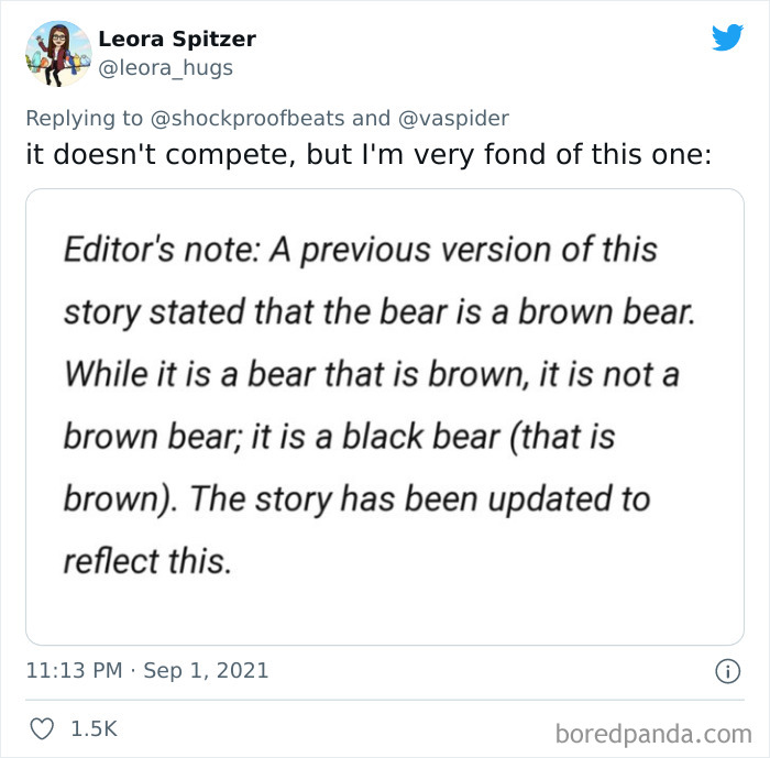 Tweet showing a humorous newspaper correction about confusing a black bear that is brown with a brown bear.