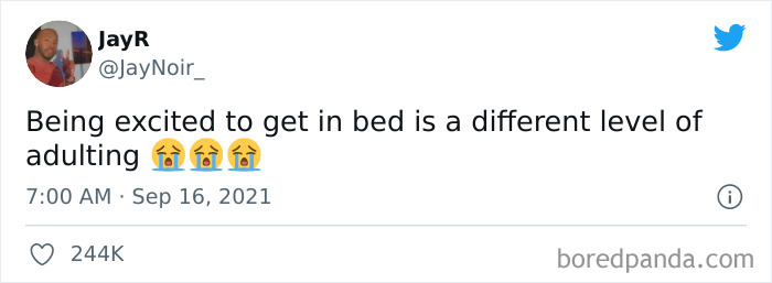 Tweet about adulting with a humorous take on being excited to go to bed.