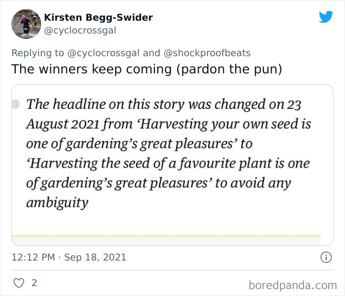 Tweet showing a newspaper correction about a gardening headline shared as a funny newspaper fail on Twitter.