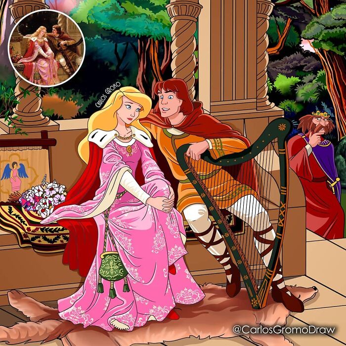 Disney characters reimagined as famous classical paintings with vibrant colors and detailed pop culture references.