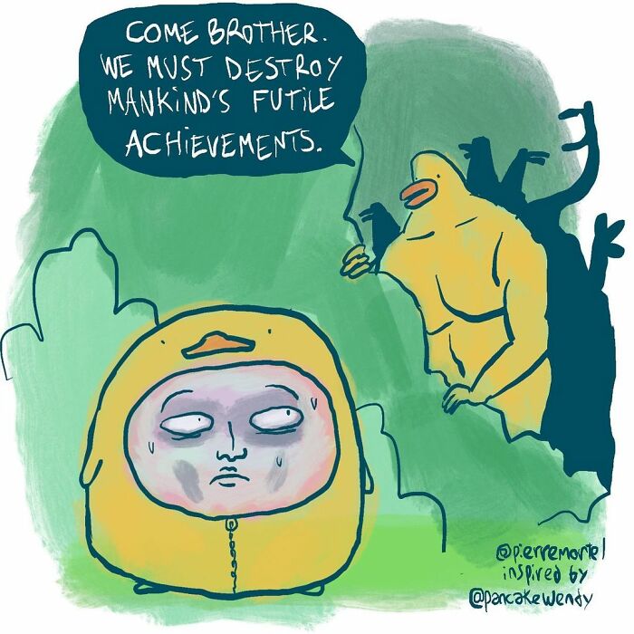 Two duck-like creatures in a comic about ridiculous stuff in an imagined city discussing mankind's futile achievements.