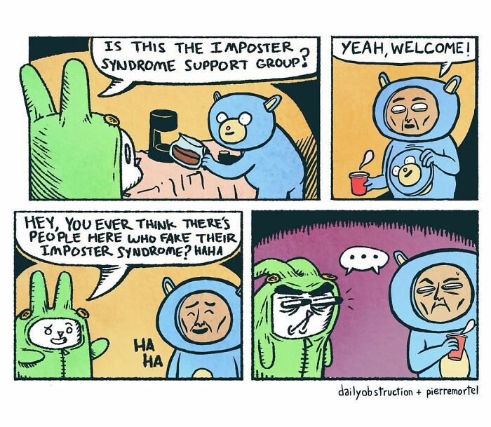 Comic strip about ridiculous stuff in a city imagined, featuring characters discussing imposter syndrome support group humor.