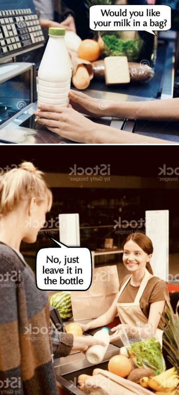 Cringy stock pic with a cashier asking about a milk bag, customer replies to keep it in the bottle.