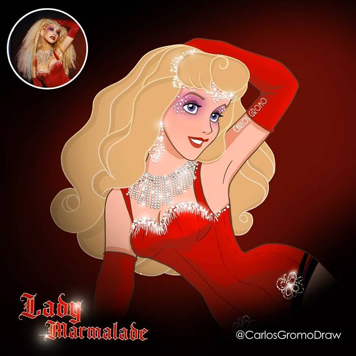Disney character reimagined as Lady Marmalade in a glamorous pop culture and classical painting style artwork.