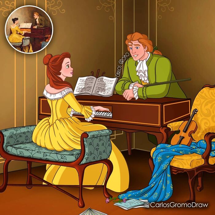 Disney characters reimagined as classical paintings, featuring Belle playing piano with a man in period attire.