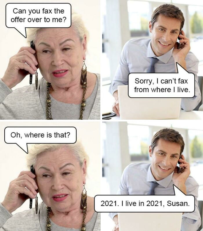 Man telling a dad joke to a woman over the phone in a cringy stock pic, highlighting fax and year 2021 humor.