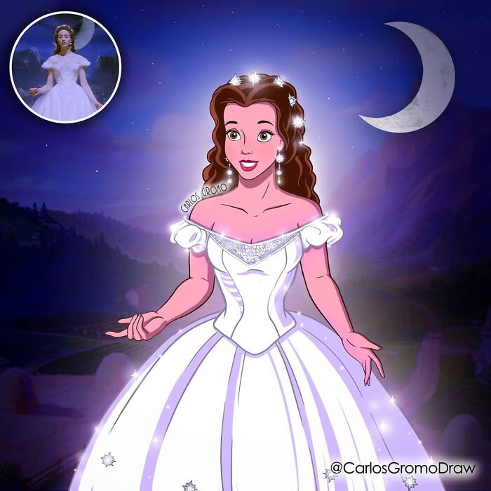 Disney character reimagined as a classical painting in a glowing white gown under a starry night with a crescent moon.