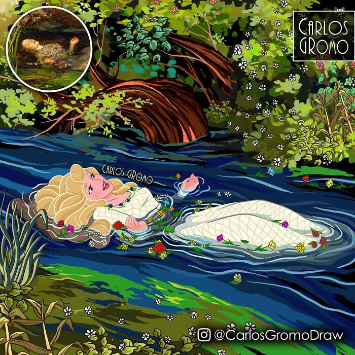 Disney character reimagined as a classical painting, floating in a river surrounded by flowers and greenery, inspired by pop culture.