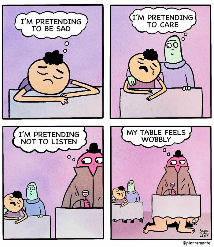 Comic panels showing characters pretending emotions and a table feeling wobbly in a city imagined, highlighting ridiculous urban situations.