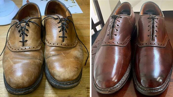 Here’s The Before And After Finished Product On My $5 Allen Edmond’s. These Bifl Shoes Were Destined For The Dumpster But I Was Able To Bring Them Back To Life. The Dye Color Is Uneven Between The Left And Right, But I’m Just Gonna Let It Bug Me For A While Until I Get Around To Fixing It