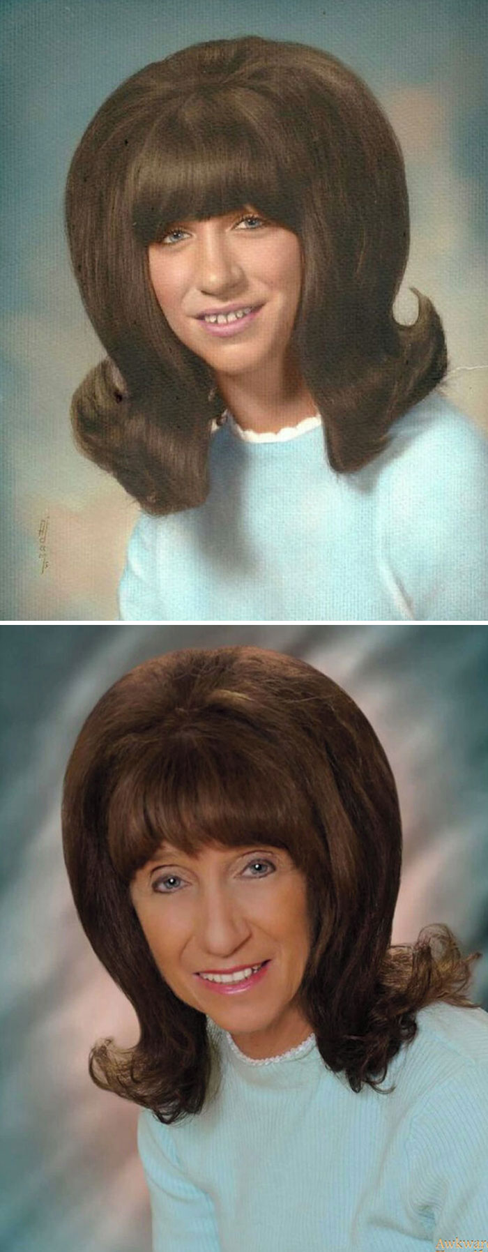 Aquí está la foto de graduación de mi hermana Jan en 1968 a los 18 años, y una nueva foto que hicimos en 2014 a los 64 años