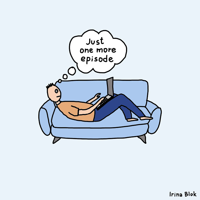 Cartoon of a person lying on a couch with a laptop, illustrating the struggles of being human and everyday life.