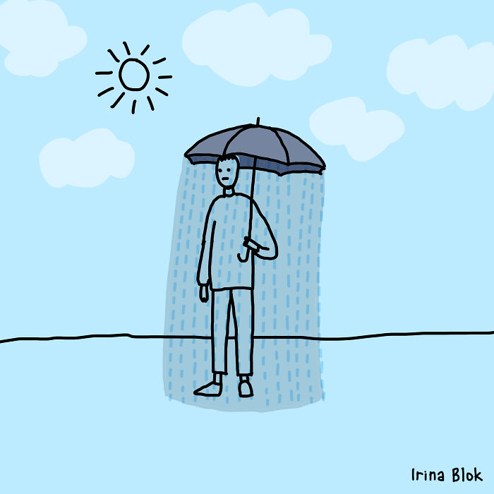 Cartoon of a person holding an umbrella, standing in rain under a sunny sky, illustrating struggles of everyday life.