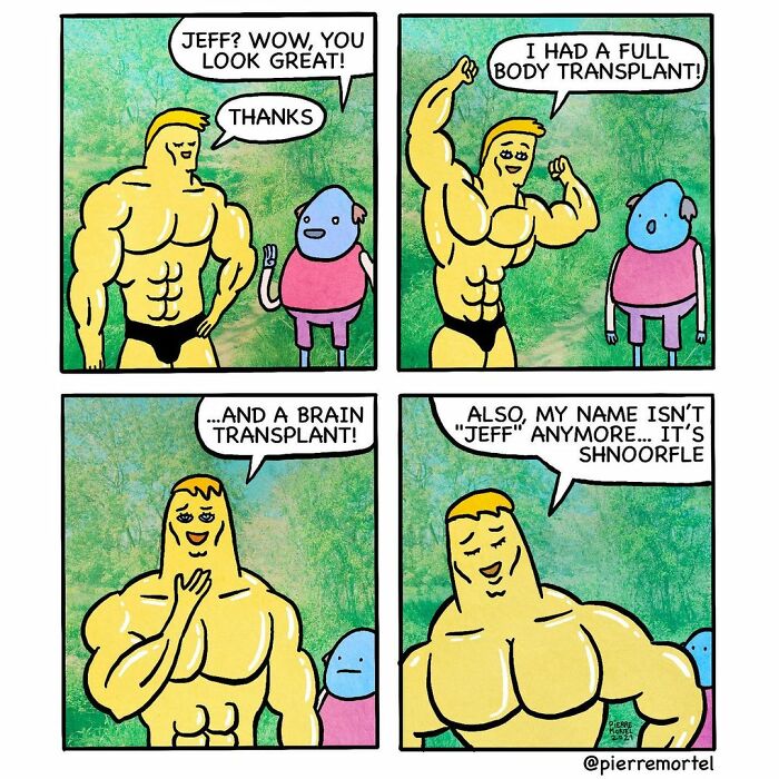 Comic strip about ridiculous stuff in a city imagined, featuring a muscular character with a brain and body transplant.