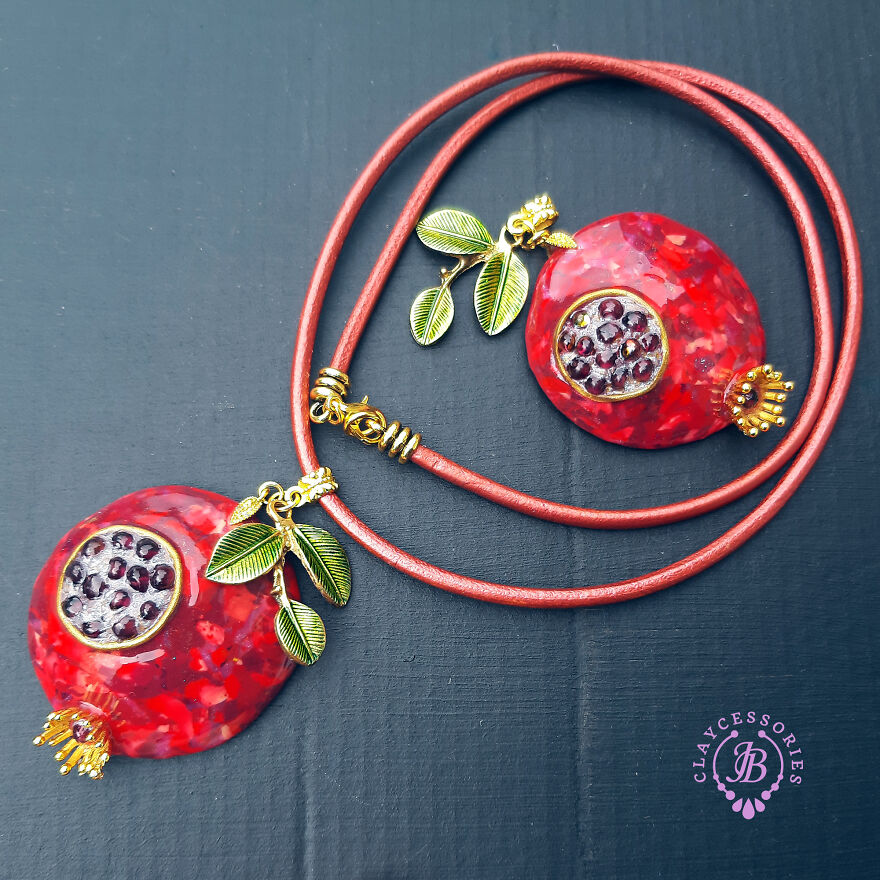 The Unusual Design Of Pomegranate Jewellery Made Of Polymer Clay.