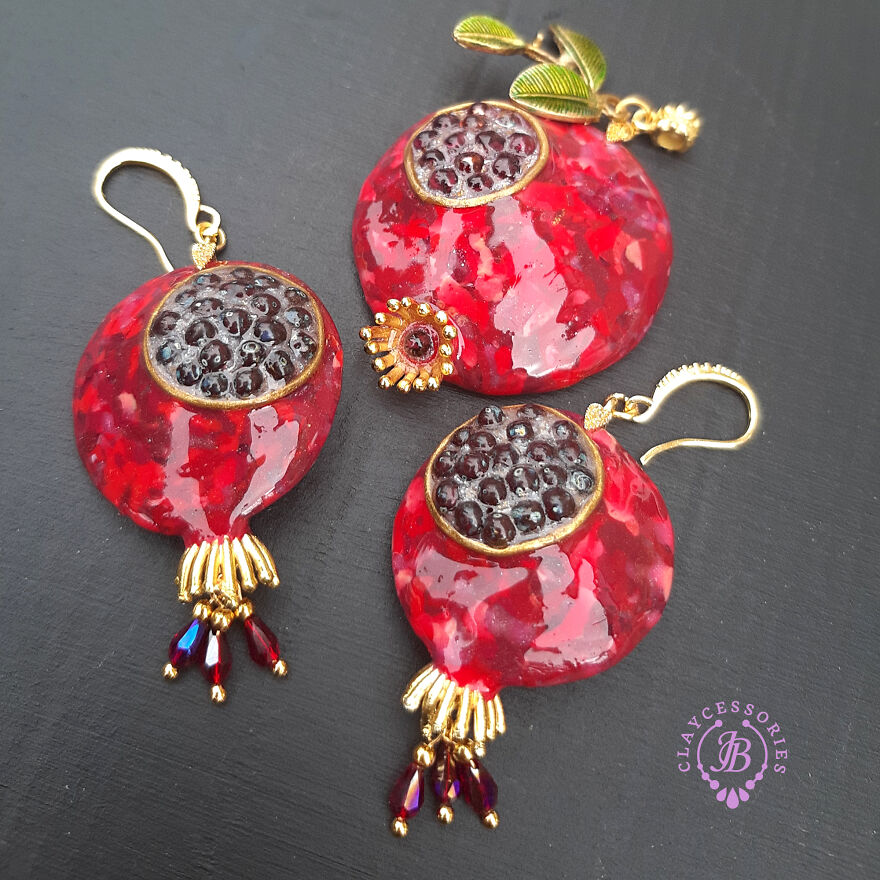 The Unusual Design Of Pomegranate Jewellery Made Of Polymer Clay.