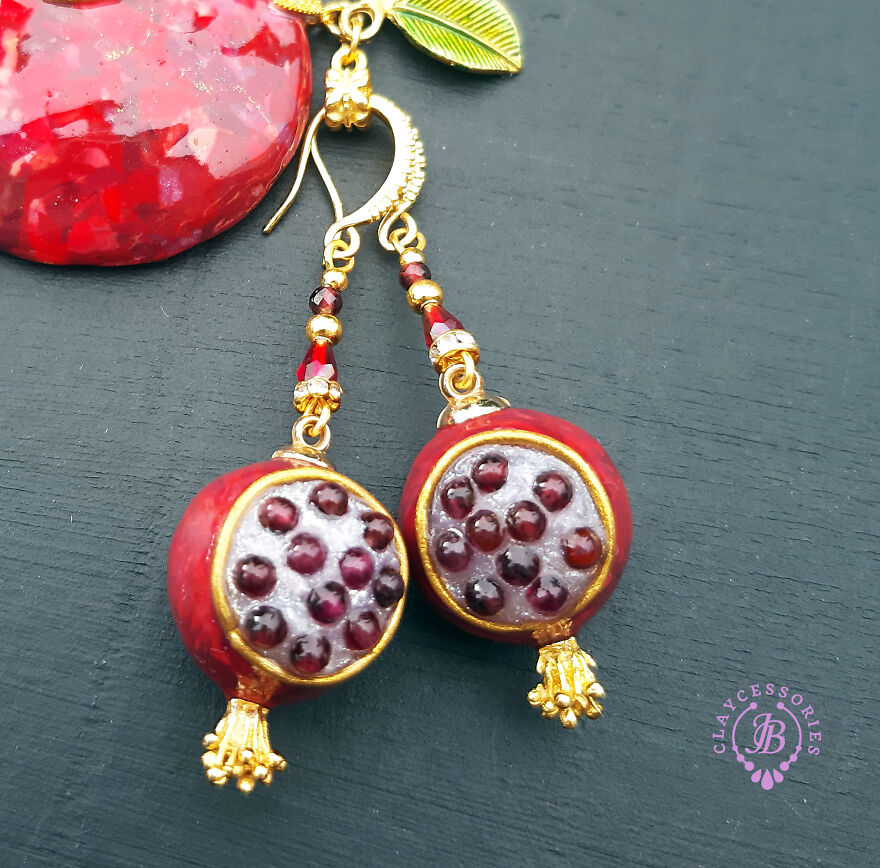 The Unusual Design Of Pomegranate Jewellery Made Of Polymer Clay.