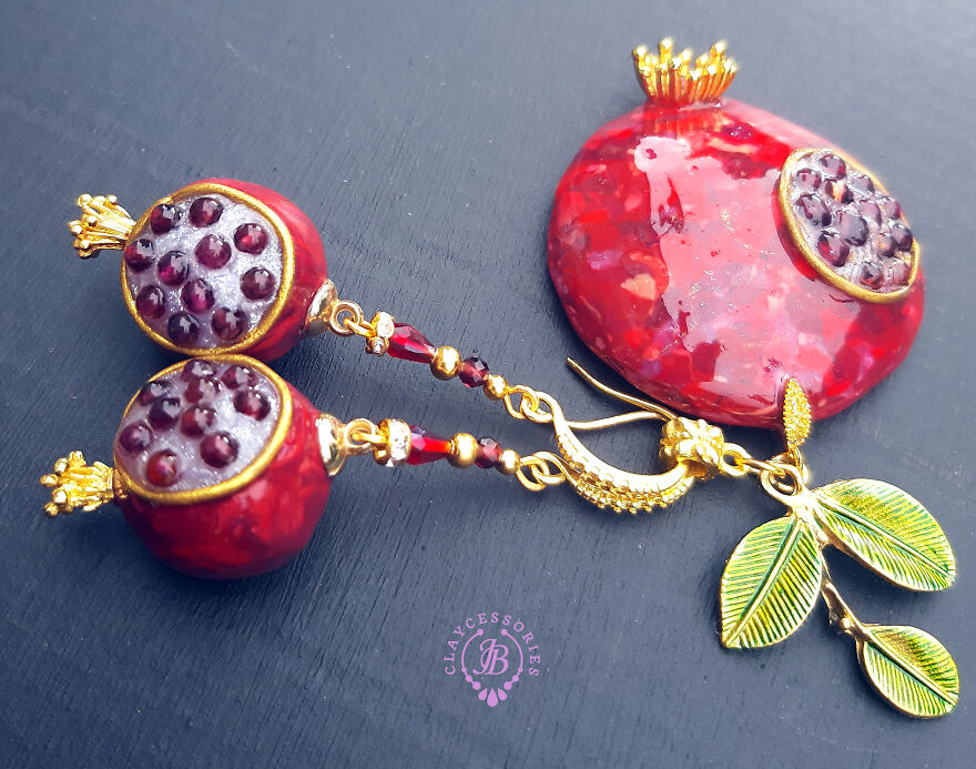 The Unusual Design Of Pomegranate Jewellery Made Of Polymer Clay.