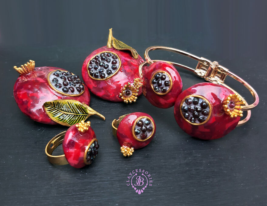The Unusual Design Of Pomegranate Jewellery Made Of Polymer Clay.