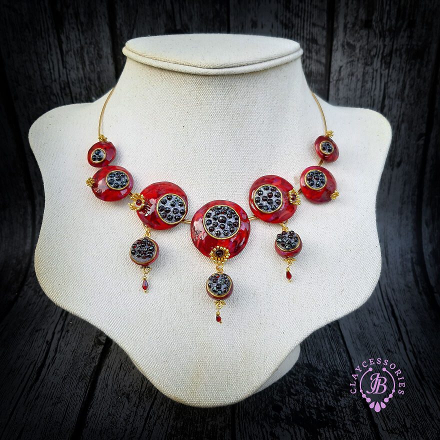 The Unusual Design Of Pomegranate Jewellery Made Of Polymer Clay.