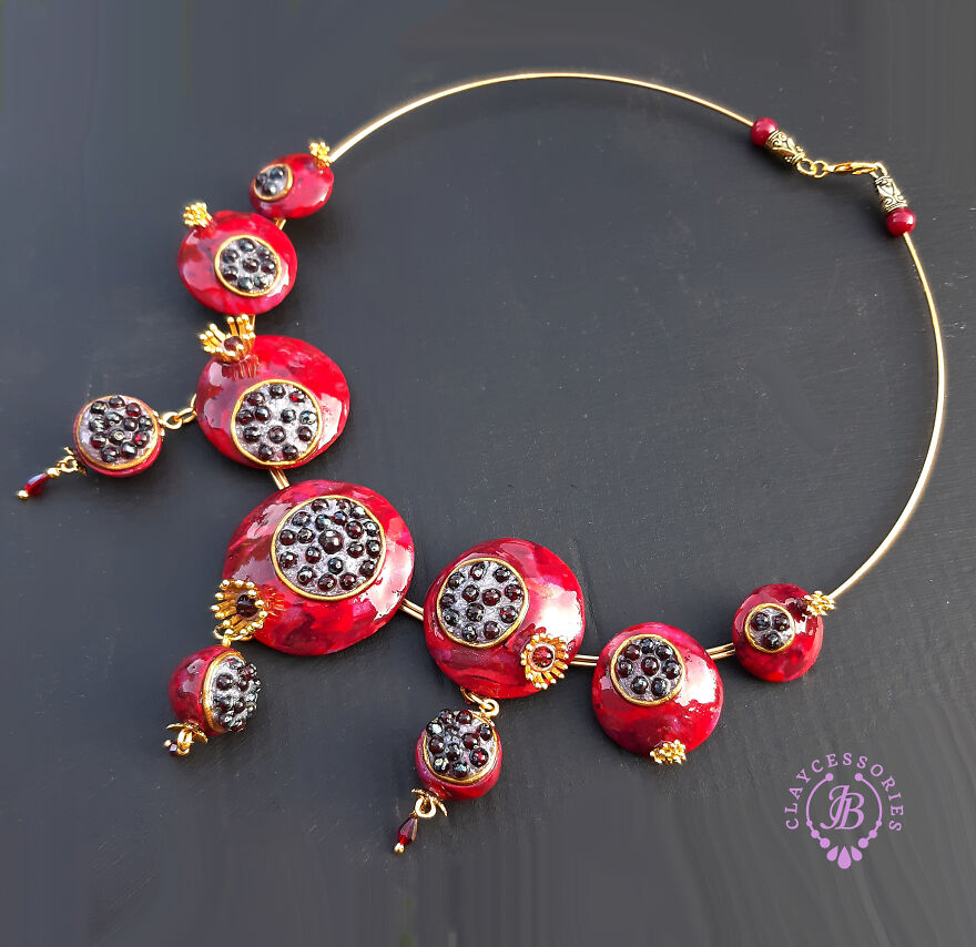 The Unusual Design Of Pomegranate Jewellery Made Of Polymer Clay.