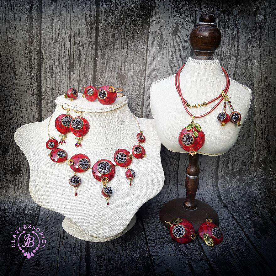 The Unusual Design Of Pomegranate Jewellery Made Of Polymer Clay.