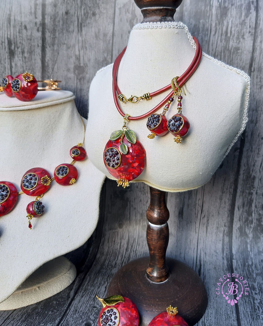 The Unusual Design Of Pomegranate Jewellery Made Of Polymer Clay.