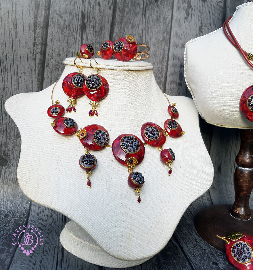 The Unusual Design Of Pomegranate Jewellery Made Of Polymer Clay.