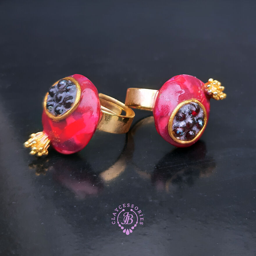 The Unusual Design Of Pomegranate Jewellery Made Of Polymer Clay.
