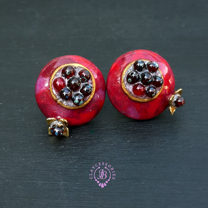 The Unusual Design Of Pomegranate Jewellery Made Of Polymer Clay.