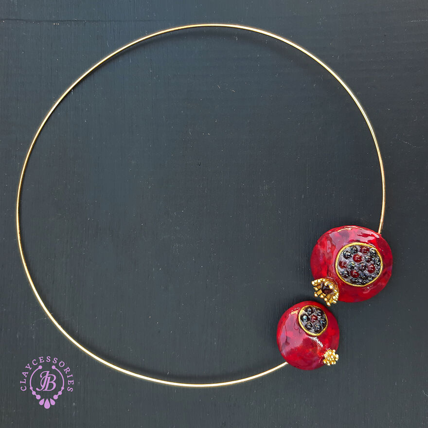 The Unusual Design Of Pomegranate Jewellery Made Of Polymer Clay.