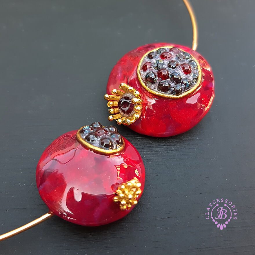 The Unusual Design Of Pomegranate Jewellery Made Of Polymer Clay.
