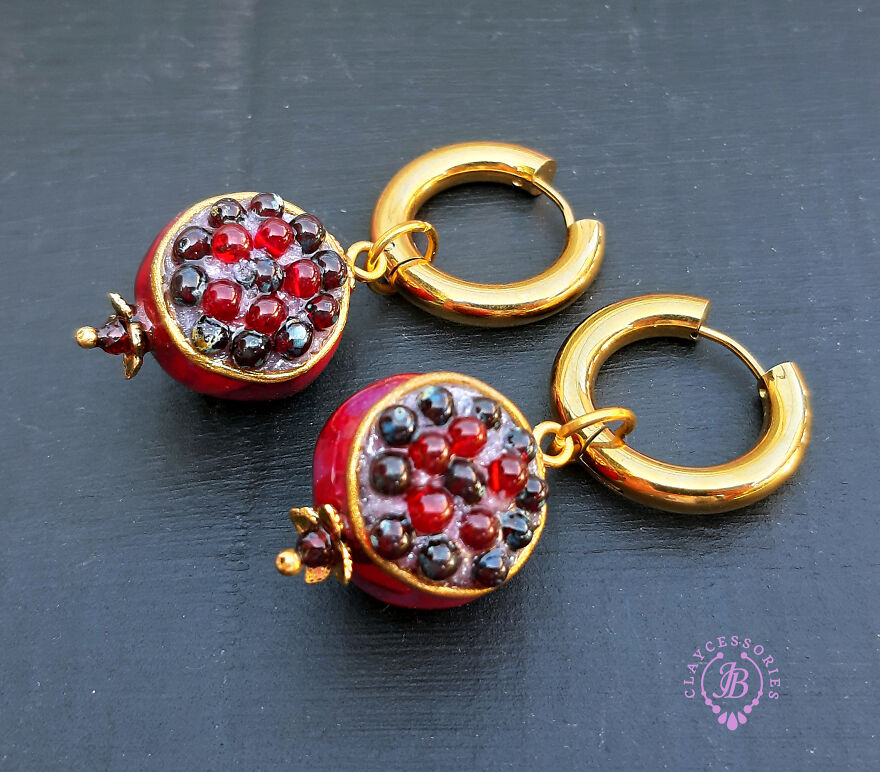 The Unusual Design Of Pomegranate Jewellery Made Of Polymer Clay.