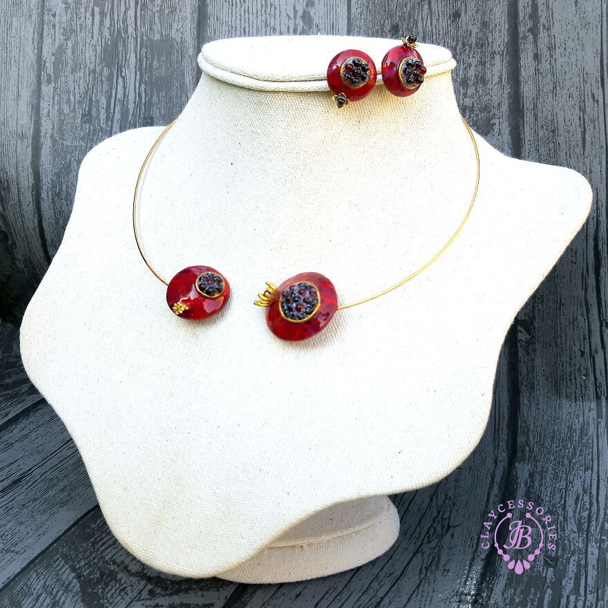 The Unusual Design Of Pomegranate Jewellery Made Of Polymer Clay.