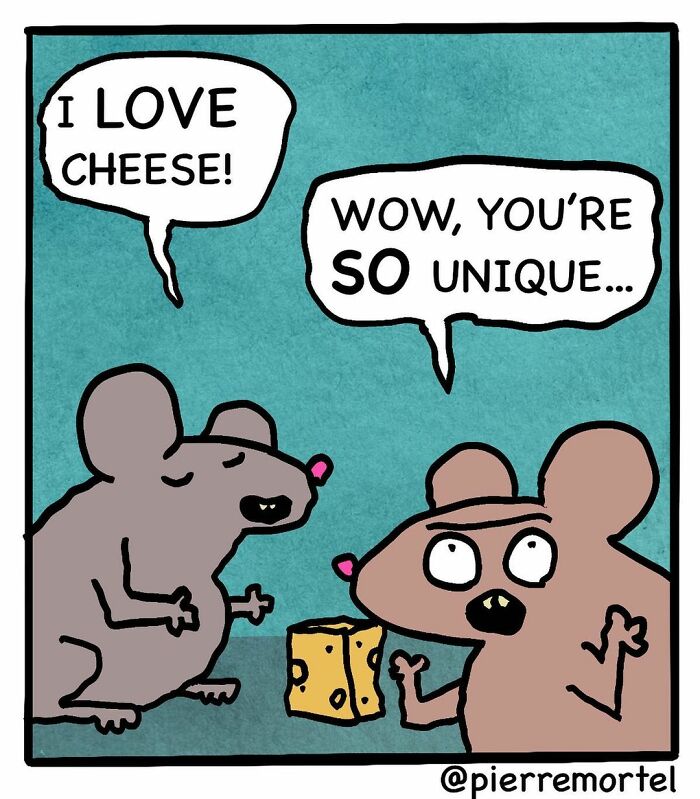 Two cartoon mice in a city comic, one excitedly says I love cheese while the other looks unimpressed.