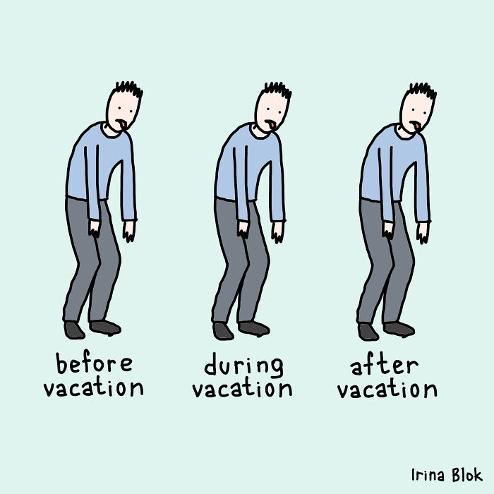 Cartoon illustrating the struggles of being human through tired, slouching figure before, during, and after vacation.