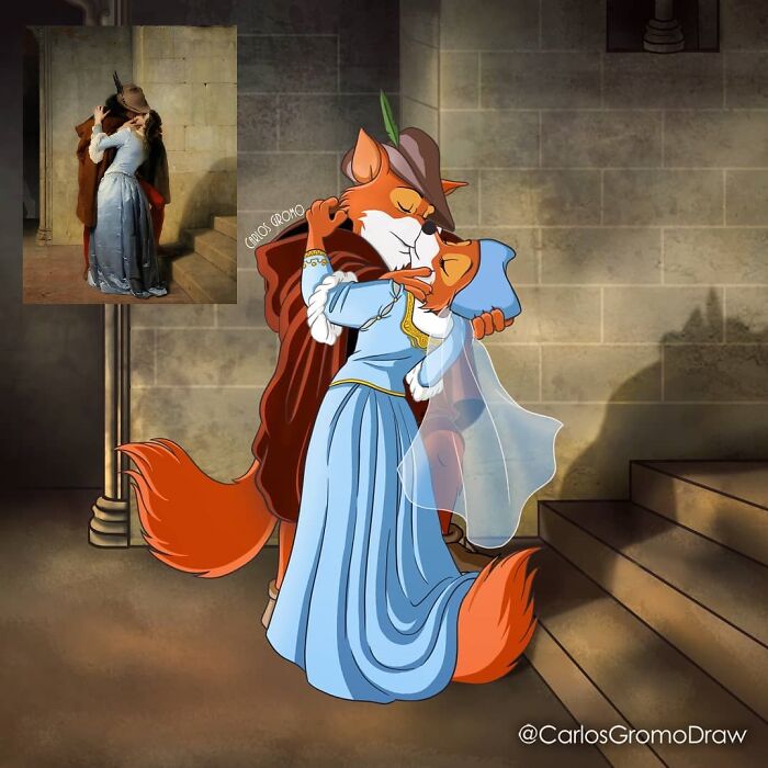 Disney characters reimagined as famous classical paintings and pop culture references in a creative artistic scene.