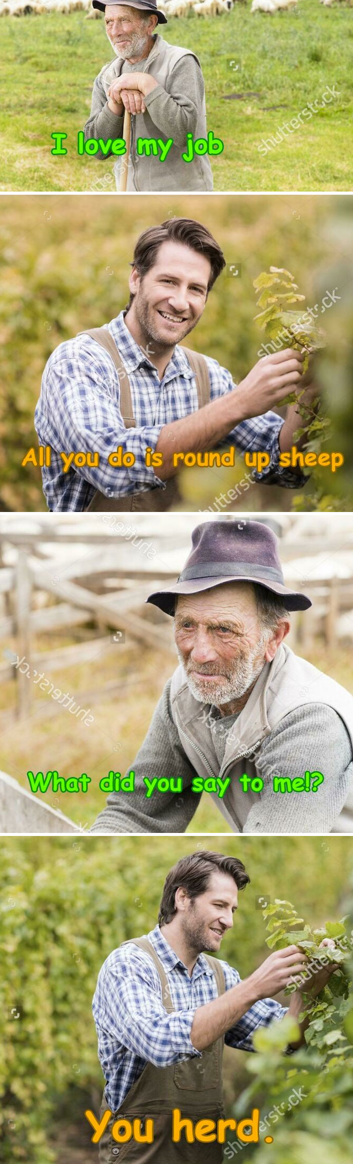Cringy stock photos with dad jokes featuring sheep farmers in humorous conversation.