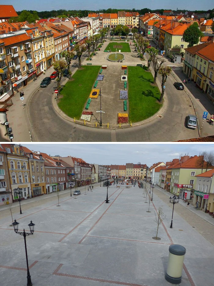 Comparison of urban plaza before and after renovation showing transformation of urban hell into a bleak, dystopian cityscape.