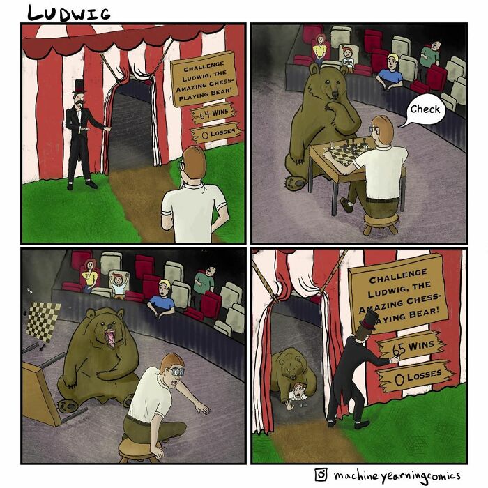 Funny and dark comic panels showing a man playing chess with a bear and facing unexpected twists in a circus setting.