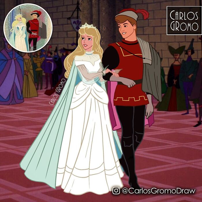 Disney characters reimagined as famous classical paintings and pop culture references by artist Carlos Gromo in a royal ballroom setting.