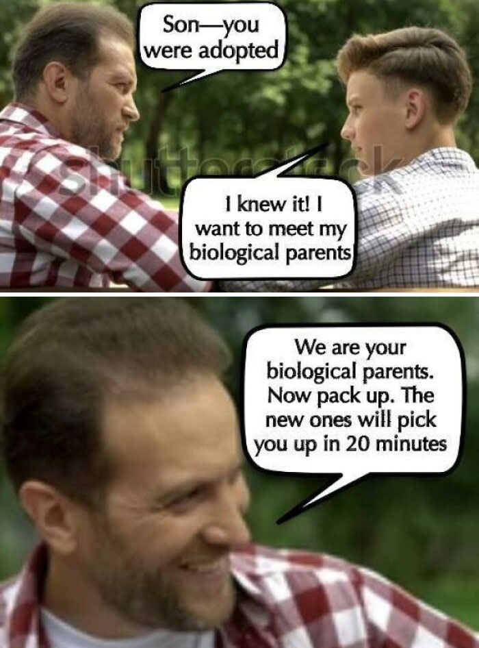 Dad joke on stock photo: father humorously tells son he's adopted, then jokes about meeting new parents.